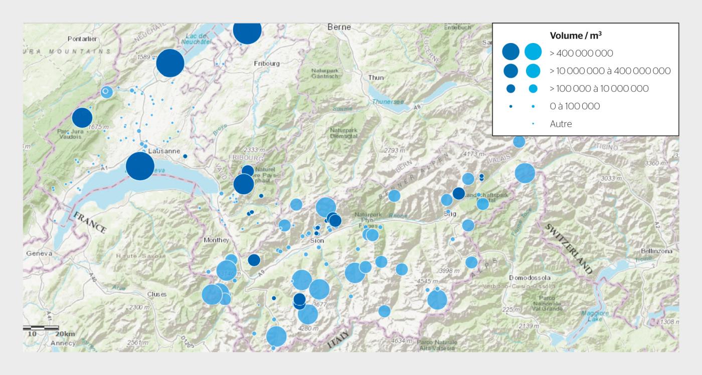 <strong>Figure 1</strong> Réservoirs recensés dans les cantons de Vaud et du Valais (bleu clair) avec mise en évidence des réservoirs potentiellement utilisables (bleu foncé).