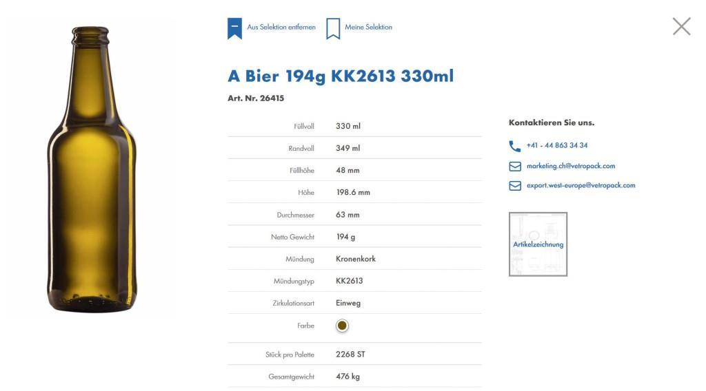 Chez Vetropack, depuis la numérisation des flux de données, les indications du catalogue concordent précisément avec les données spécifiques aux produits déterminées lors du développement.