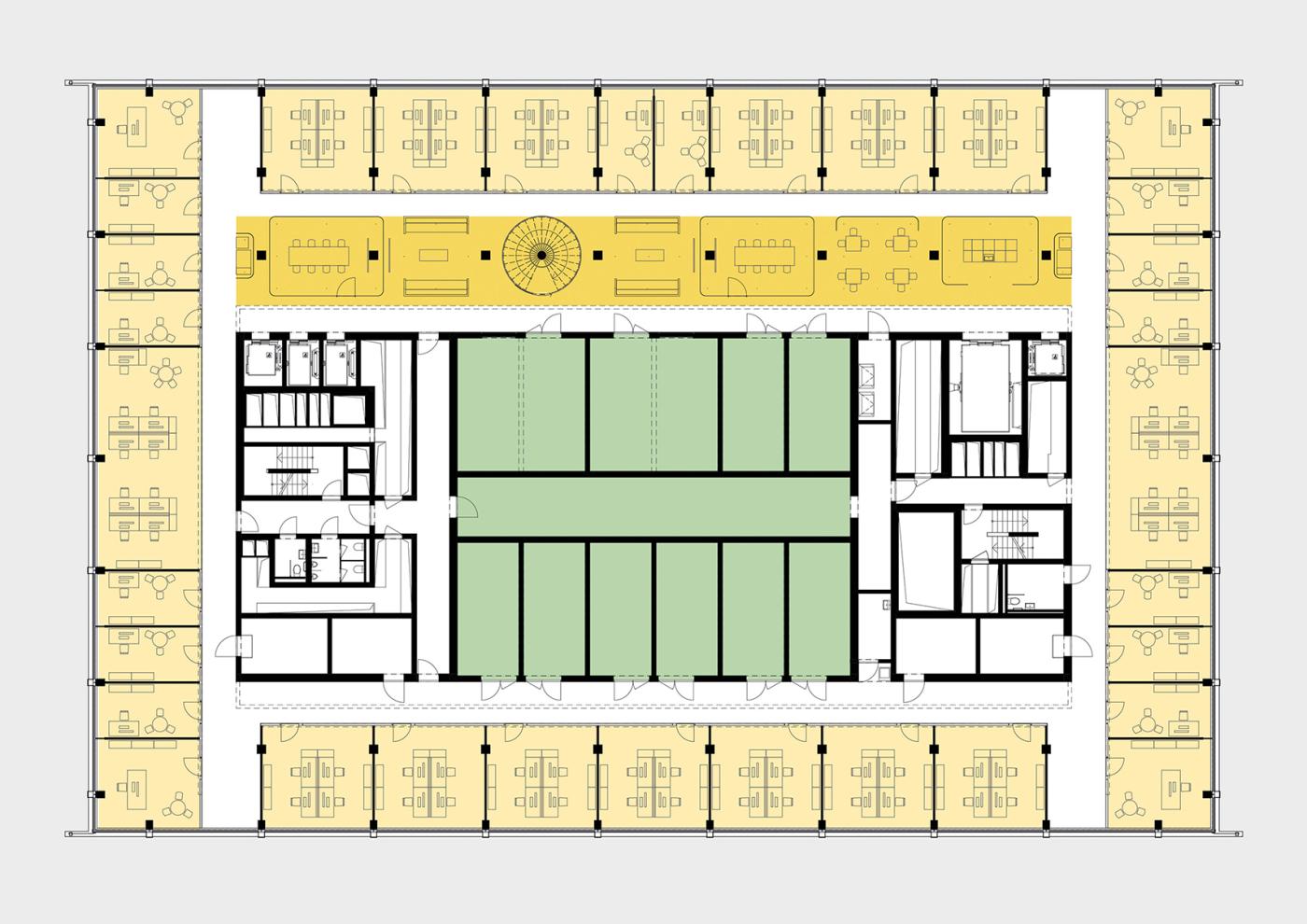 <strong>Figure 1</strong> Un des quatre étages en surface avec les laboratoires (en vert), les bureaux (en jaune pâle) et les espaces de rencontre (en ocre).