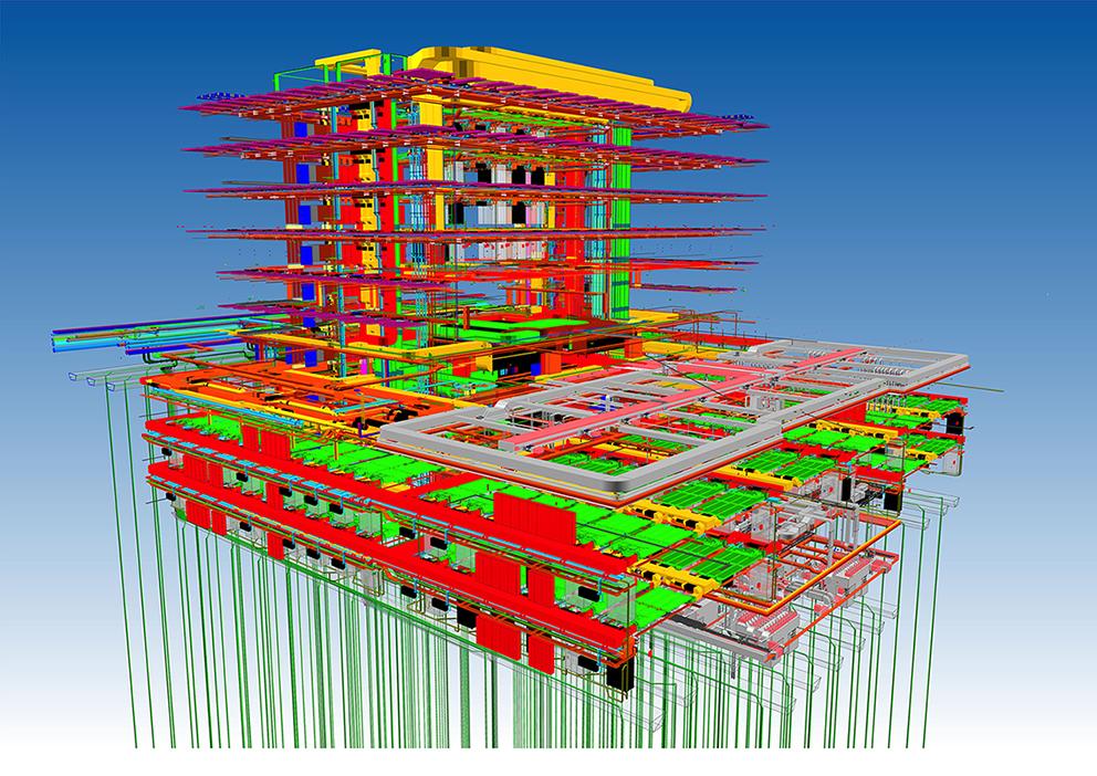 <strong>Figure 2</strong> Représentation BIM de la technique du bâtiment du HPQ. Canaux: l’alimentation en air est représentée en rouge, l’extraction d’air en jaune et l’air extérieur en vert. Conduites: le chauffage est en rouge, le froid en bleu foncé, le froid technique en bleu/cyan, l’eau de refroidissement des laboratoires en vert clair. Les installations électriques sont orange, rouges et marron.