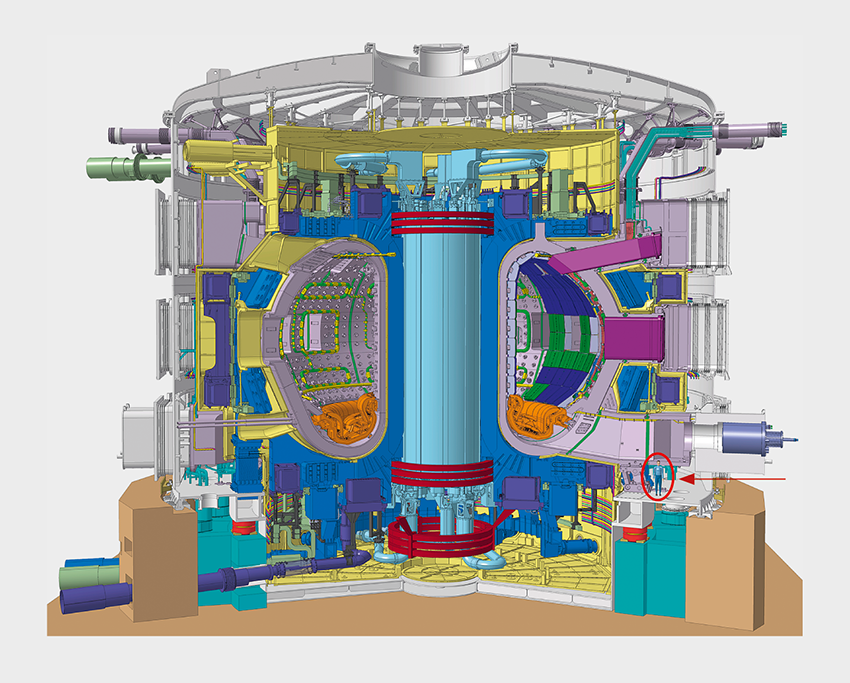 <strong>Figure 13</strong> ITER : le tokamak est placé dans un cryostat car toutes les bobines sont supraconductrices. Le personnage représenté en bas à droite donne une idée de la taille de l’installation.