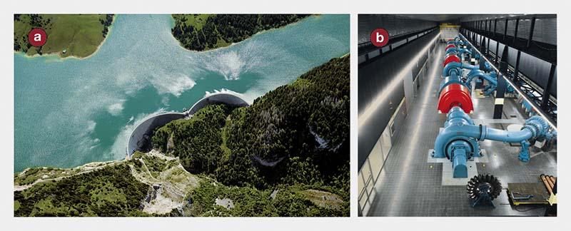 <strong>Figure 2</strong> Barrage de l’Hongrin (a) et caverne existante, d’une longueur de 140 m (b).