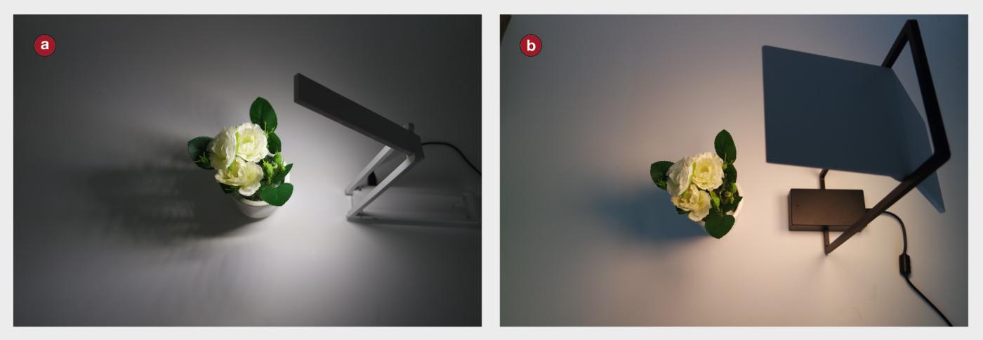 <strong>Figure 3</strong> Comparaison des ombres projetées par un luminaire LED (a) et OLED (b).