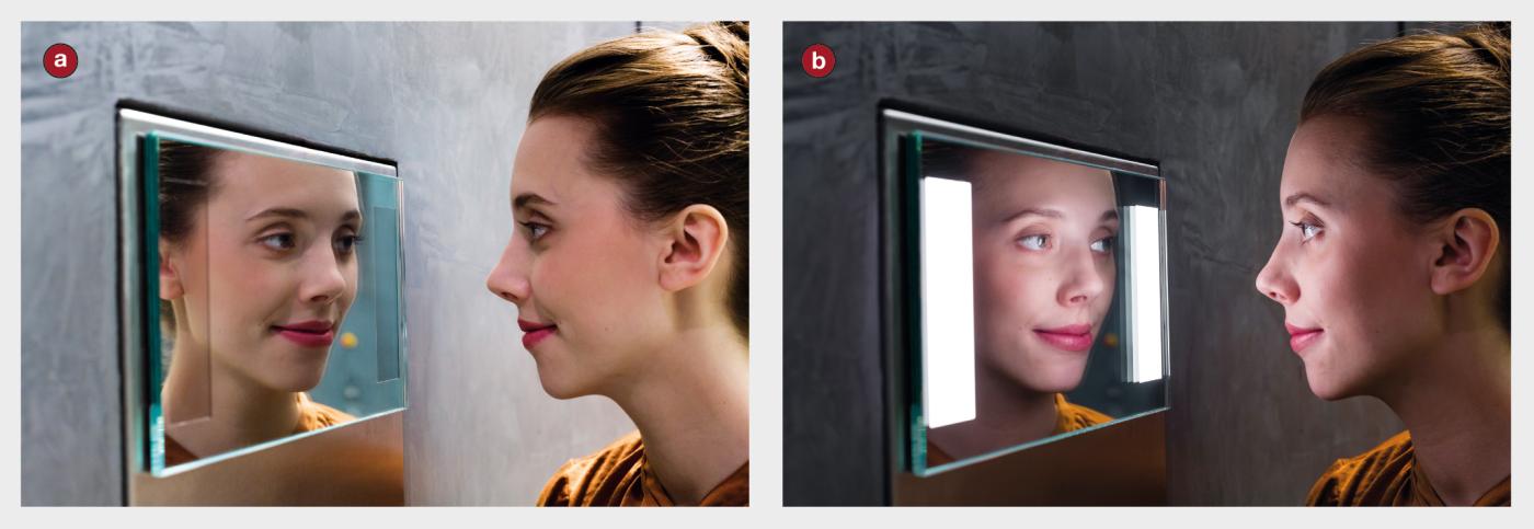 <strong>Figure 5</strong> Les OLED peuvent être réalisées avec des surfaces réfléchissantes. Elles ont alors l’aspect d’un miroir quand elles sont éteintes (a) et se transforment en source de lumière non éblouissante lorsqu’elles sont sous tension (b).