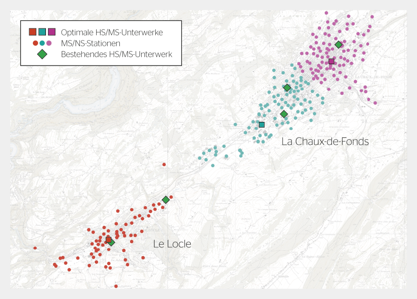 <strong>Bild 2</strong> Lage und optimale Aufteilung der 3 HS/MS-Unterwerke für die Städte Le Locle (rot) und La Chaux-de-Fonds (blau und pink).