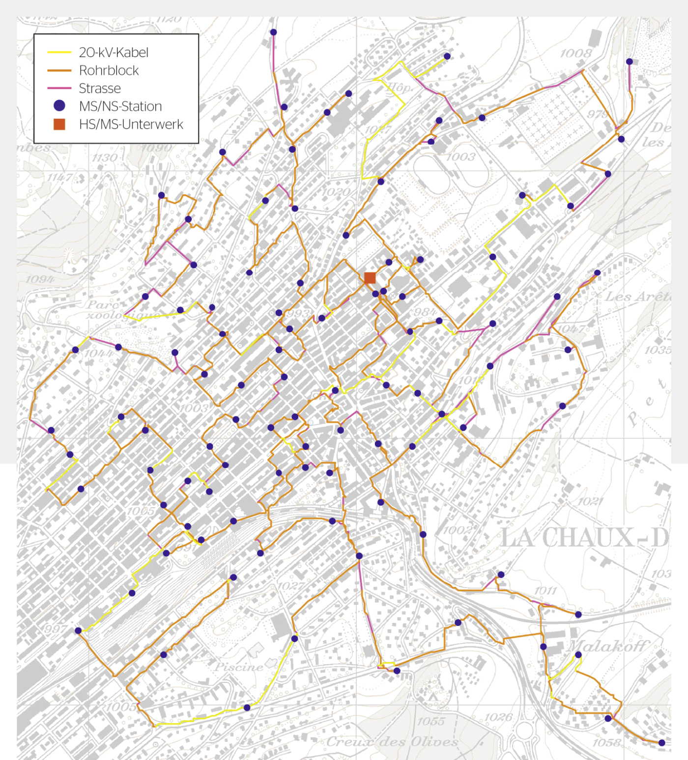 <strong>Bild 4</strong> Berechnete Kabeltrassen mit Nutzung bereits getätigter Investitionen (20-kV-Kabel, Rohrblöcke).