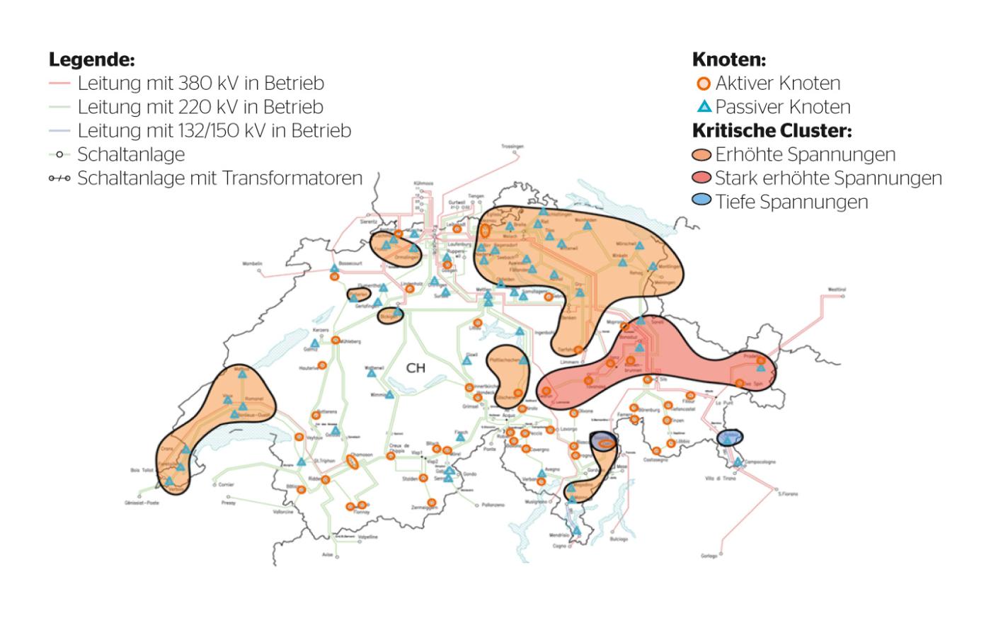 Bild 1: Gebiete auf der Schweizer Übertragungsnetzkarte mit häufigen Überspannungen. [1]