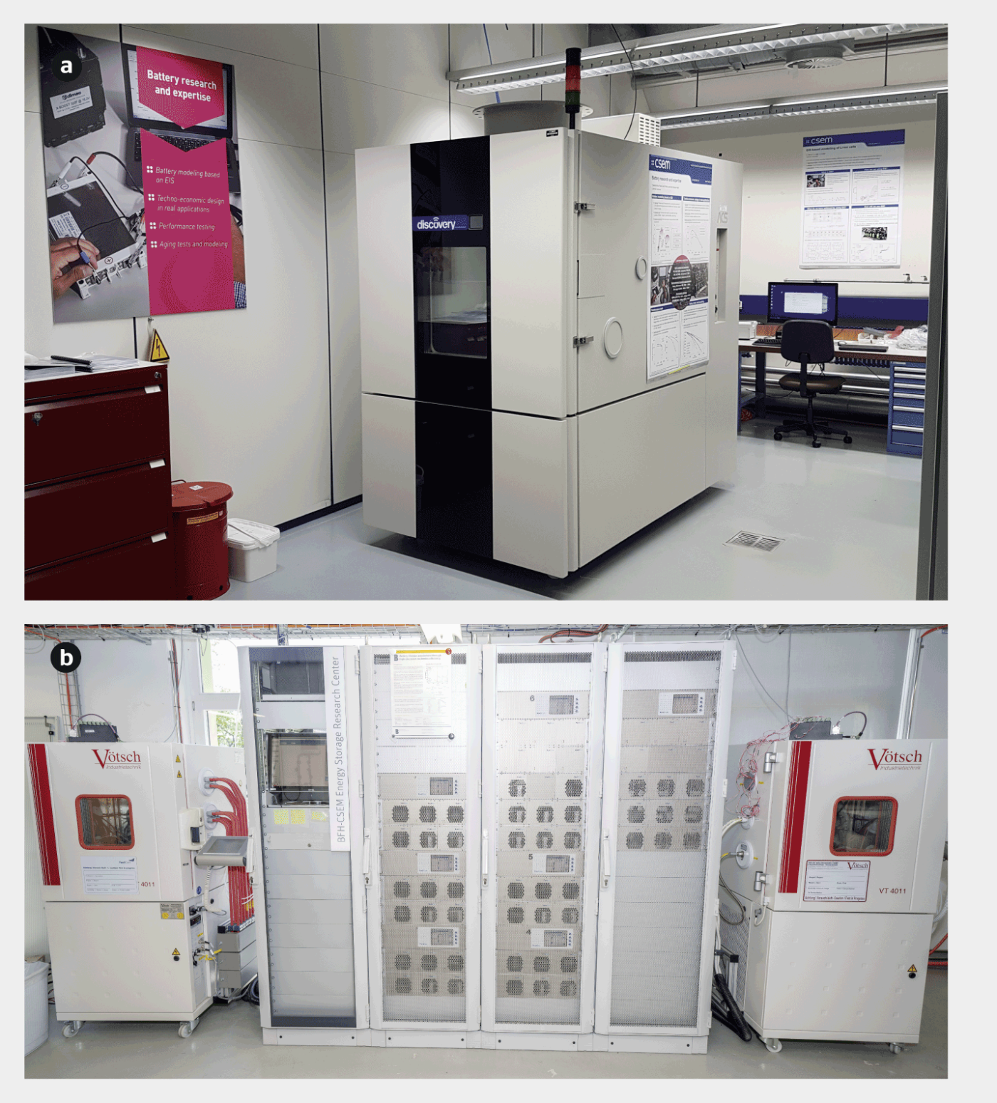 <strong>Figure 1</strong> Le laboratoire Energy Systems à Neuchâtel (a) et le BFH-CSEM Energy Storage Research Center à Bienne (b).