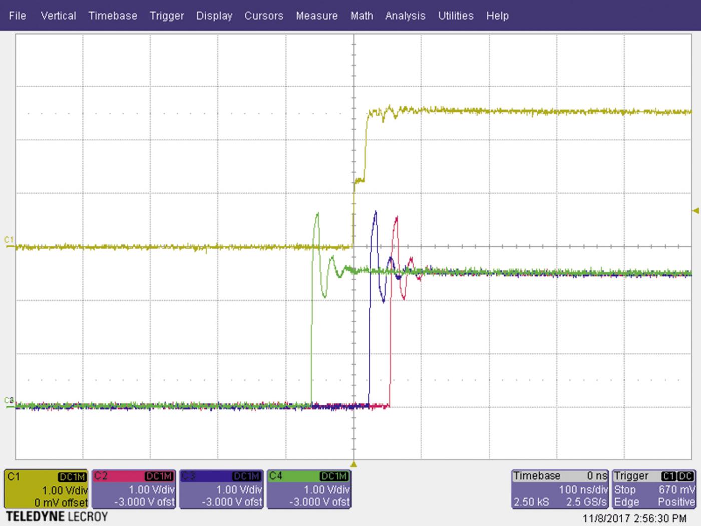 Beispiel einer Synchronisation von drei PLC-Modems mithilfe eines Referenz- Signals (gelb). Die Einheit der x-Achse ist 100 ns.