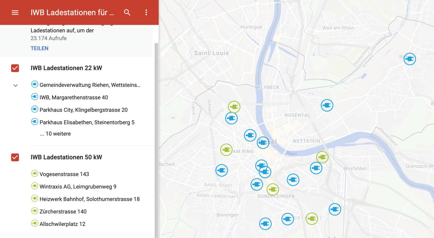 <strong>Figure 4</strong> Les bornes de recharge accessibles au public sont indi­quées sur iwb.ch/­laden-unterwegs. Certaines se trouvent dans des parkings couverts.