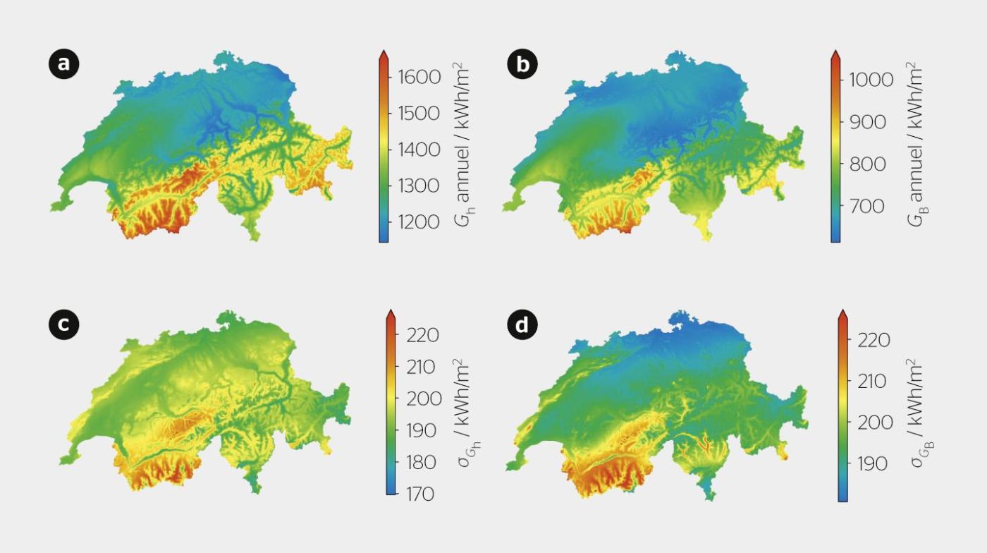 <strong>Figure 1</strong> Distribution spatiale du rayonnement solaire horizontal annuel prévu (a) et de sa composante directe (b), ainsi que leurs incertitudes totales respectives (c) et (d).