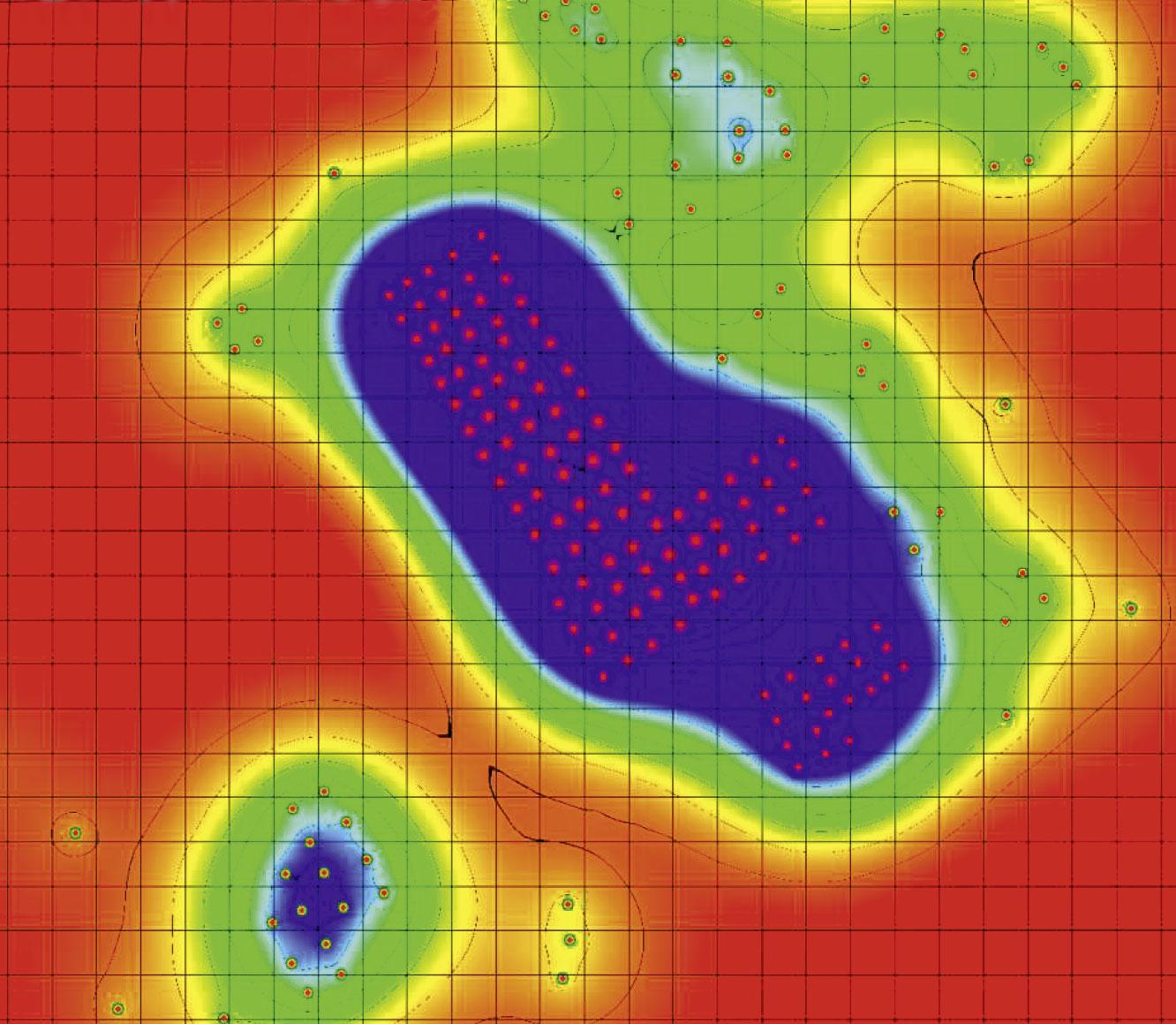 La simulation indique les températures du champ de sondes géothermiques d’un lotissement si ces dernières n’étaient pas régénérées : le sol gèlerait. Le lotissement a finalement été construit avec une installation solaire thermique et la chaleur stockée dans le sol excède celle extraite en hiver.