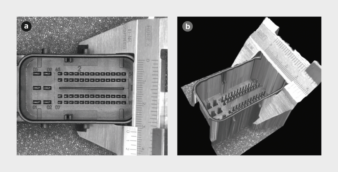 Abschattungsfreie 3D-Darstellung von Stiften eines Steckers mit extremer Tiefenschärfe.