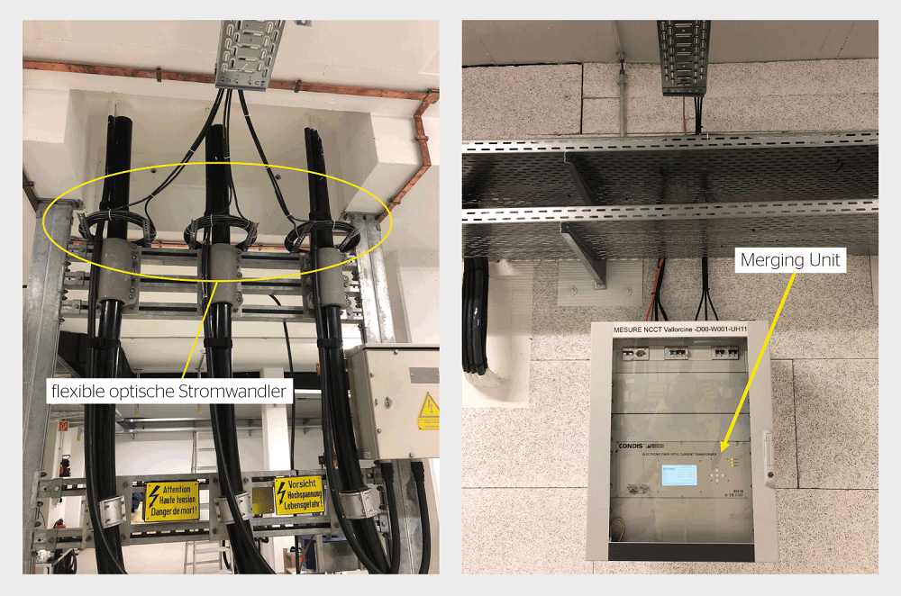 Montage-Setup des flexiblen optischen Stromwandlers im Unterwerk Châtelard.