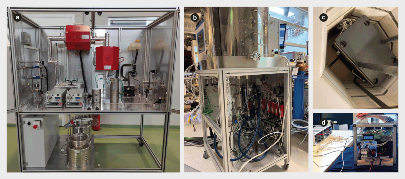 <strong>Figure 2</strong> Preuve de concept réalisée dans le laboratoire GEM de l’EPFL: a) banc de test du reformeur, b) banc de test de la pile à combustible SOFC, c) pile à combustible SOFC et d) électronique de puissance.