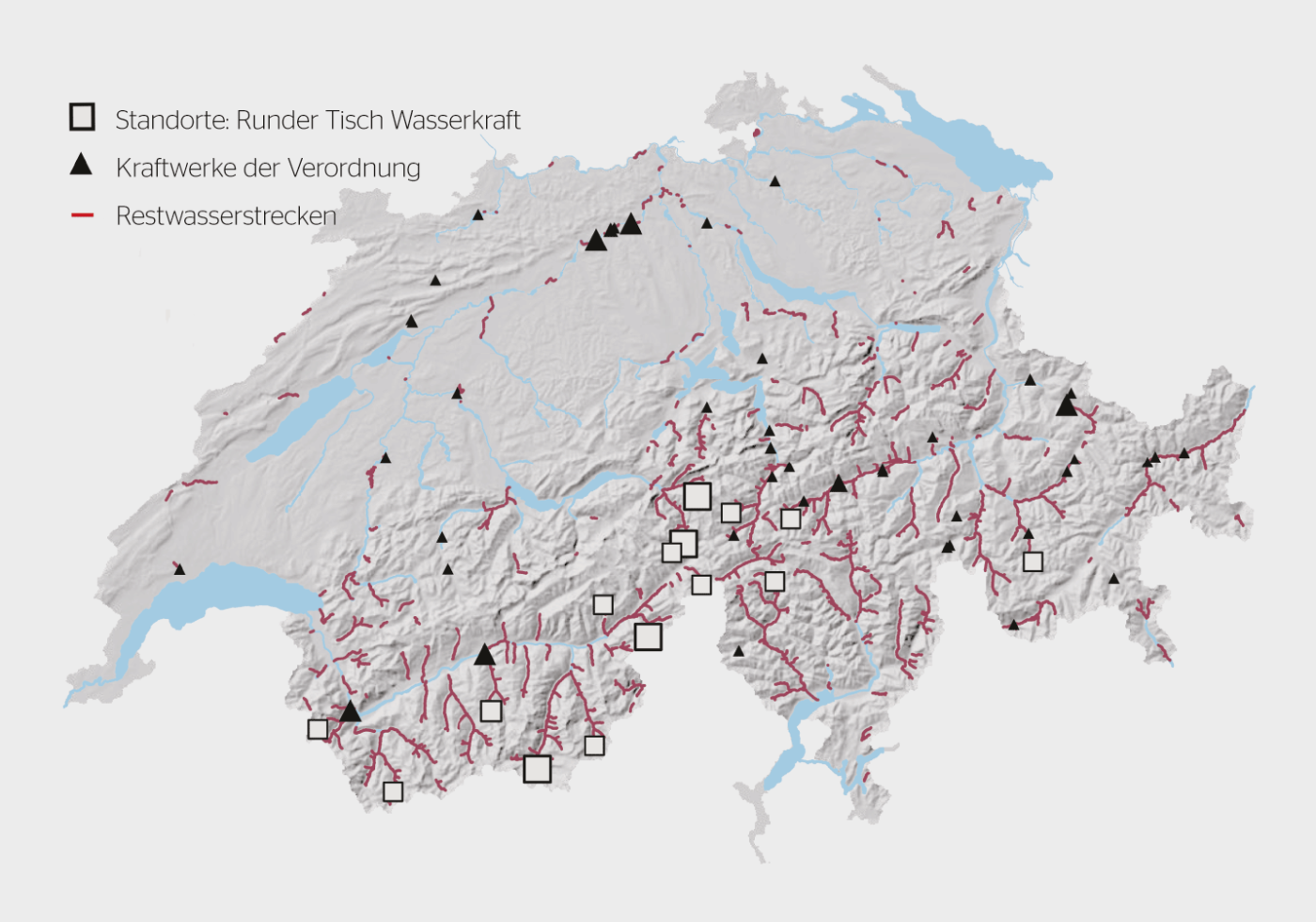 <b>Bild 1</b> Die durch die Wasserkraft bedingten Restwasserstrecken [7]; die 44 Kraftwerke, die von der Verordnung zur befristeten Erhöhung der Stromproduktion durch reduzierte Restwassermengen betroffenen waren.