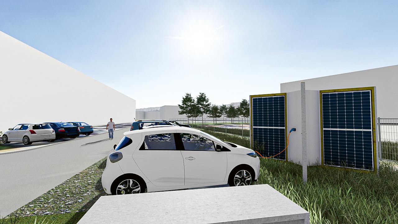 <b>Figure 2</b> Borne de recharge autonome telle qu’elle pourrait être installée sur le site d’Y-Parc, à Yverdon-les-Bains (photomontage).