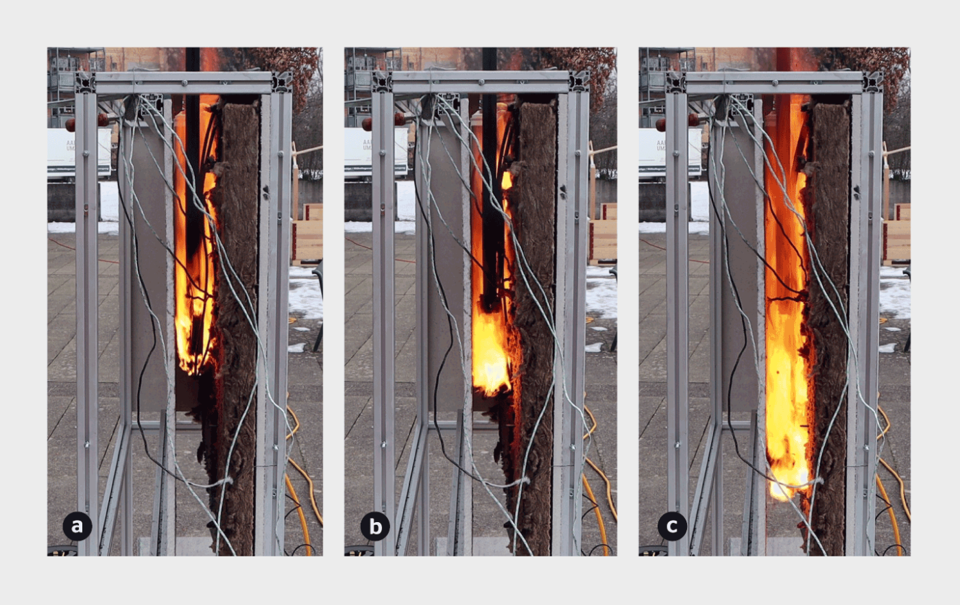 <b>Bild 4</b> Seitenansicht der Flammenbildung während der Flammversuche: <b>a)</b> Test mit noch befestigtem Leistungsoptimierer, <b>b)</b> teilweise gelöstem Leistungsoptimierer und <b>c)</b> S vollständig abgelöstem Leistungsoptimierer.