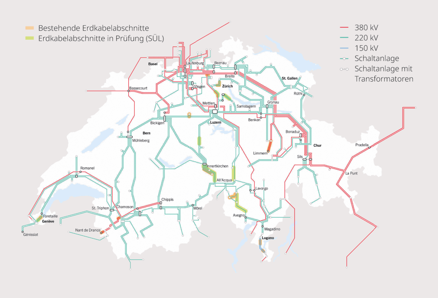 <strong>Bild 1</strong> Schweizer Netzkarte mit allen gebauten und behördlich festgelegten Erdkabelabschnitten.