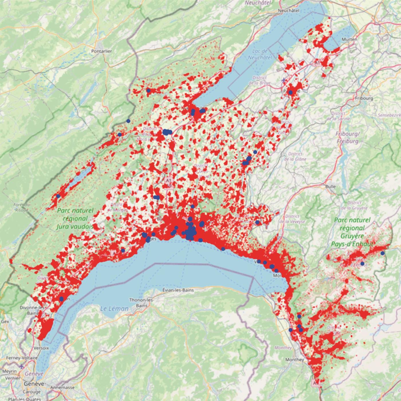 <span class="nowrap"><strong>Figure 1</strong></span> Géolocalisation des bâtiments publics appartenant au Canton de<nbsp>&nbsp;</nbsp>Vaud (en<nbsp>&nbsp;</nbsp>bleu) et des autres bâtiments de l’ensemble du canton (en<nbsp>&nbsp;</nbsp>rouge).