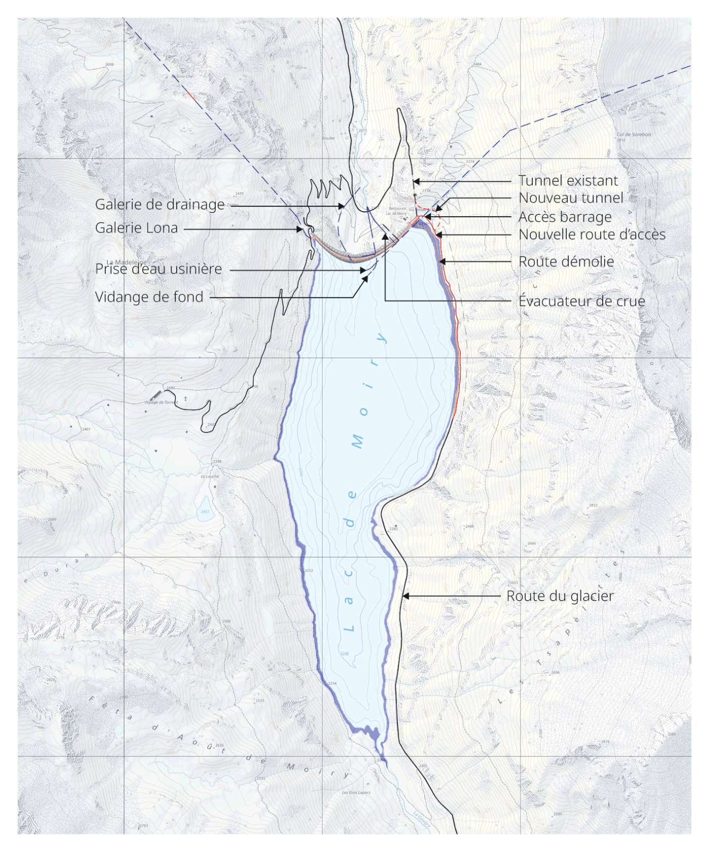 <span class="nowrap"><strong>Figure 5</strong></span> Impact sur l’environnement du projet de surélévation du barrage de <span class="nowrap">Moiry:</span> nouvelle zone de marnage <span class="nowrap">(surface</span> <span class="nowrap">violette)</span> et nouvelles constructions <span class="nowrap">(en rouge).</span>&nbsp;