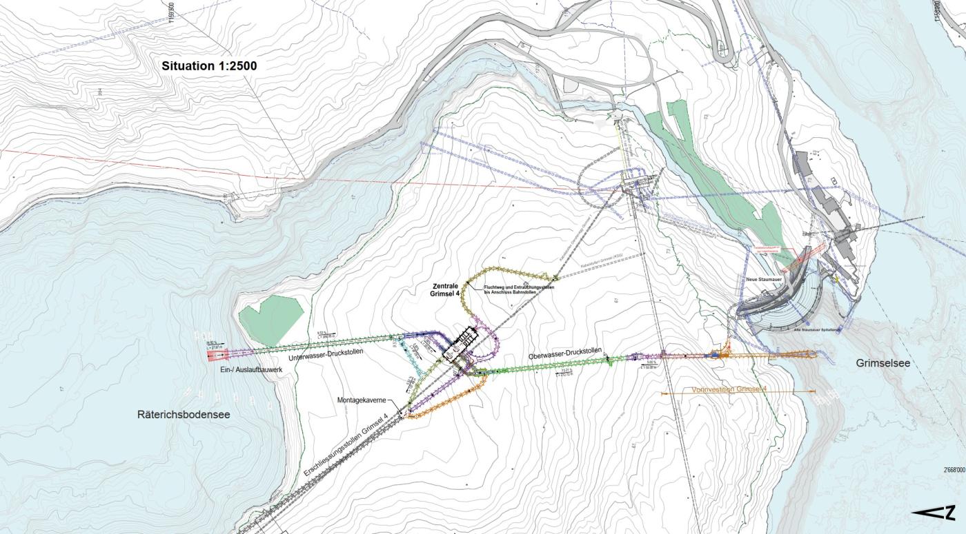 Skizze der unterirdischen Anlage von Grimsel 4.